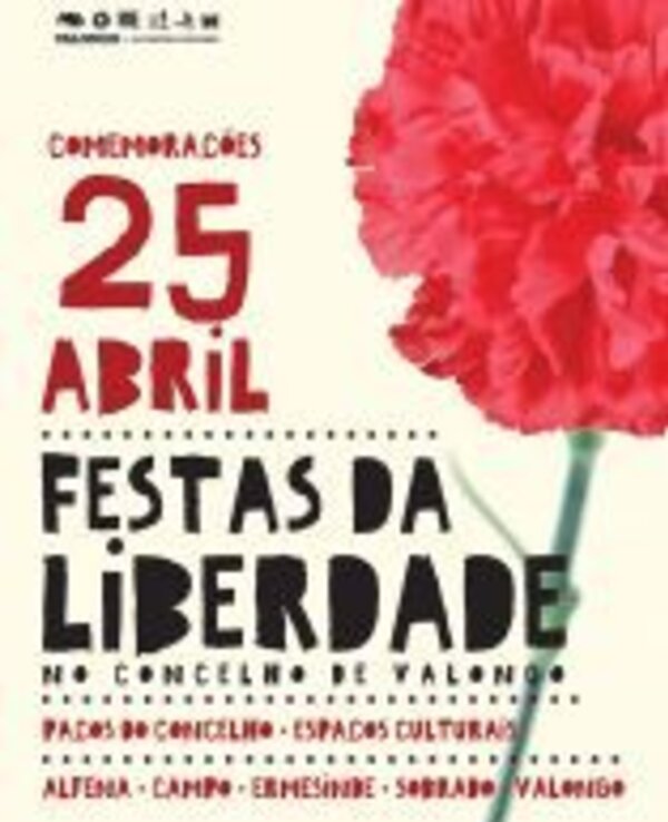 Cartaz das Festas da Liberdade, com cravo vermelho e informações sobre o evento.
