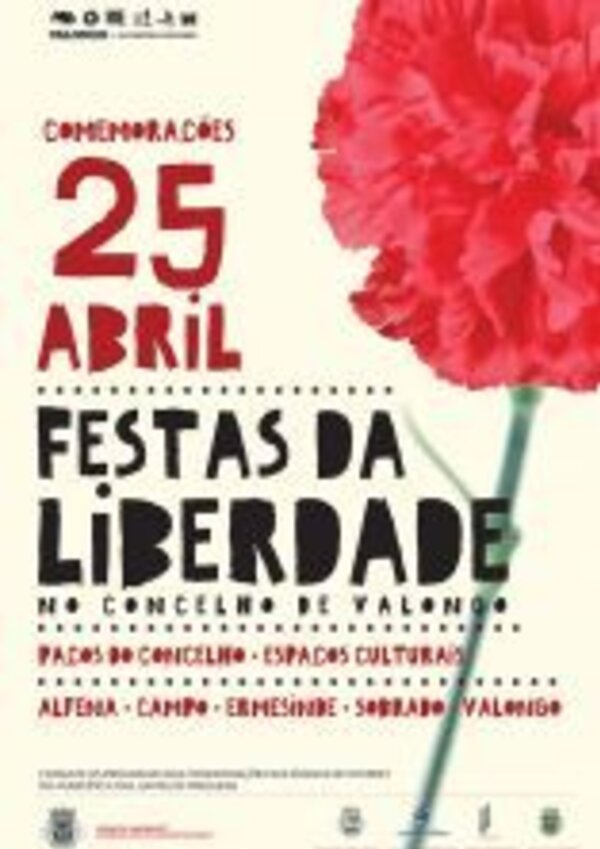Cartaz das Festas da Liberdade, com cravo vermelho e informações sobre o evento.
