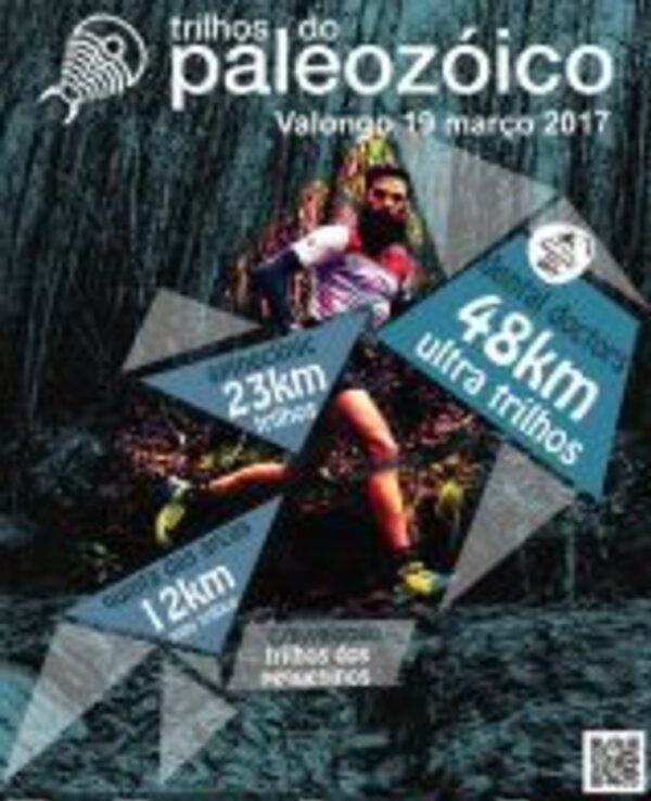 Cartaz do evento 'Trilhos do Paleozoico' com distâncias de 12km, 23km e 48km.