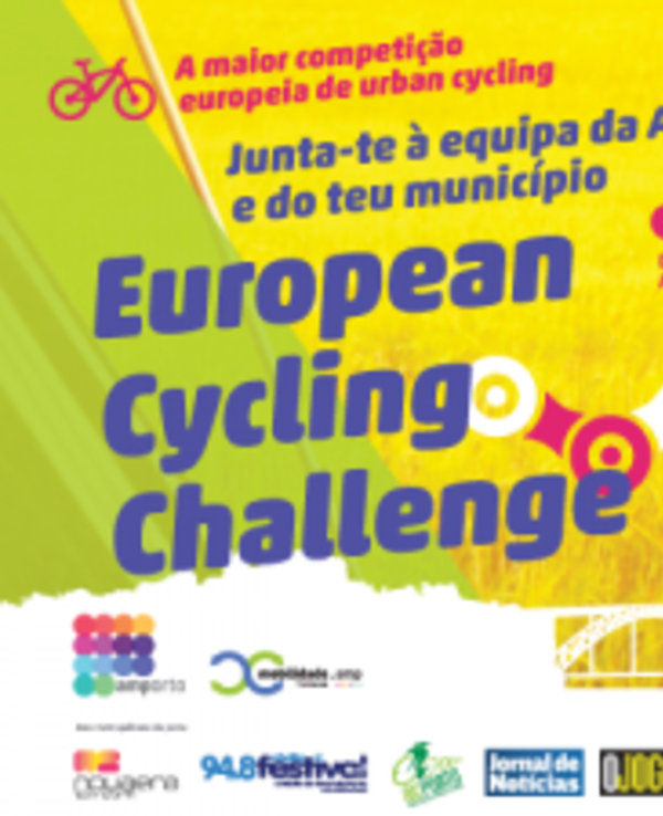 Cartaz do European Cycling Challenge com informações e logos de patrocinadores.