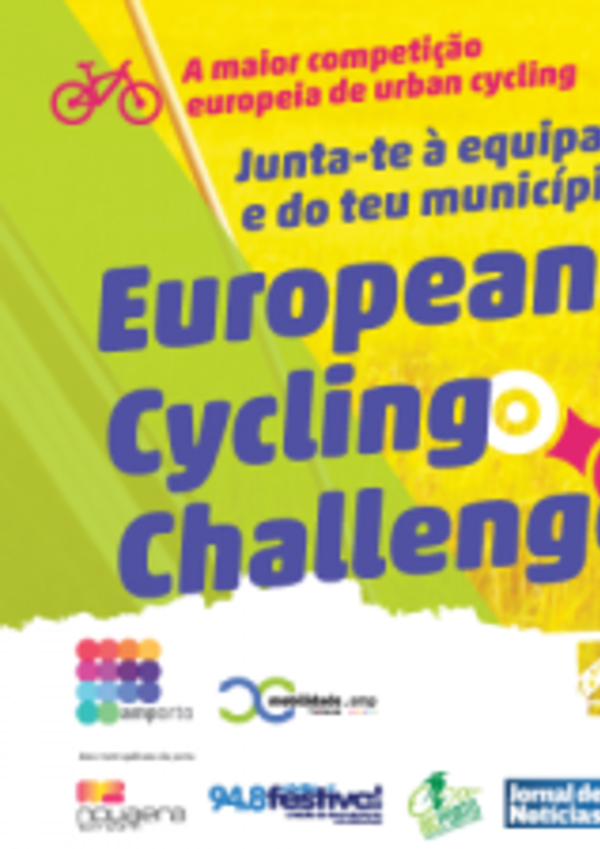 Cartaz do European Cycling Challenge com informações e logos de patrocinadores.