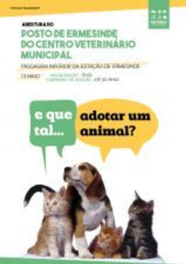 Imagem de cães e gatos com texto sobre adoção de animais.