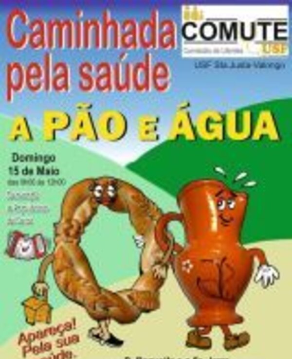 Cartaz da Caminhada pela Saúde com pão e água, data e personagens animados.