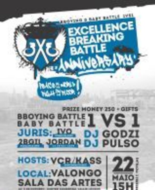 Cartaz do evento 'Excellence Breaking Battle' com detalhes sobre competições e local.