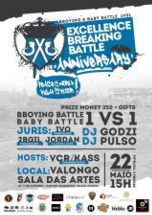 Cartaz do evento 'Excellence Breaking Battle' com detalhes sobre competições e local.