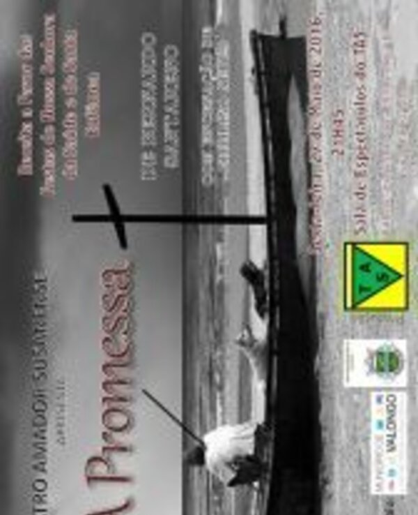 Cartaz da peça 'A Promessa' com imagem de um barco e uma cruz.