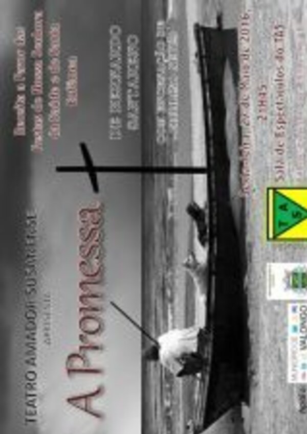 Cartaz da peça 'A Promessa' com imagem de um barco e uma cruz.