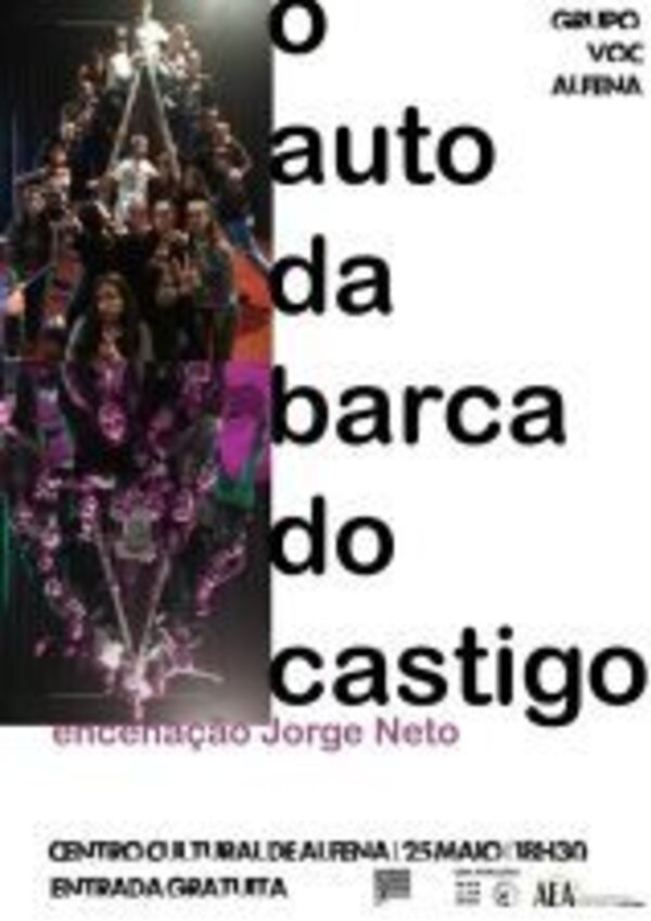 Cartaz do espetáculo 'O Auto da Barca do Castigo' com elenco em cena.