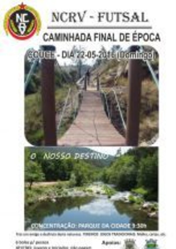 Cartaz da caminhada final de época com imagem de uma ponte e um rio.