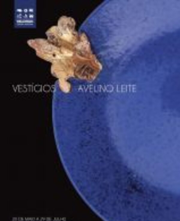 Cartaz da exposição 'Vestígios' com um prato azul e uma folha seca.