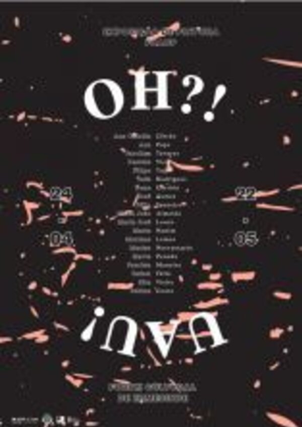 Cartaz de evento com o título 'OH?!' e datas de 22 a 24 de abril e 2 a 5 de maio.