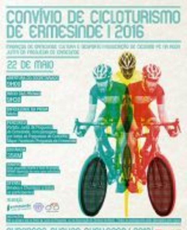 Cartaz do Convívio de Cicloturismo de Ermesinde 2016 com ciclistas coloridos.