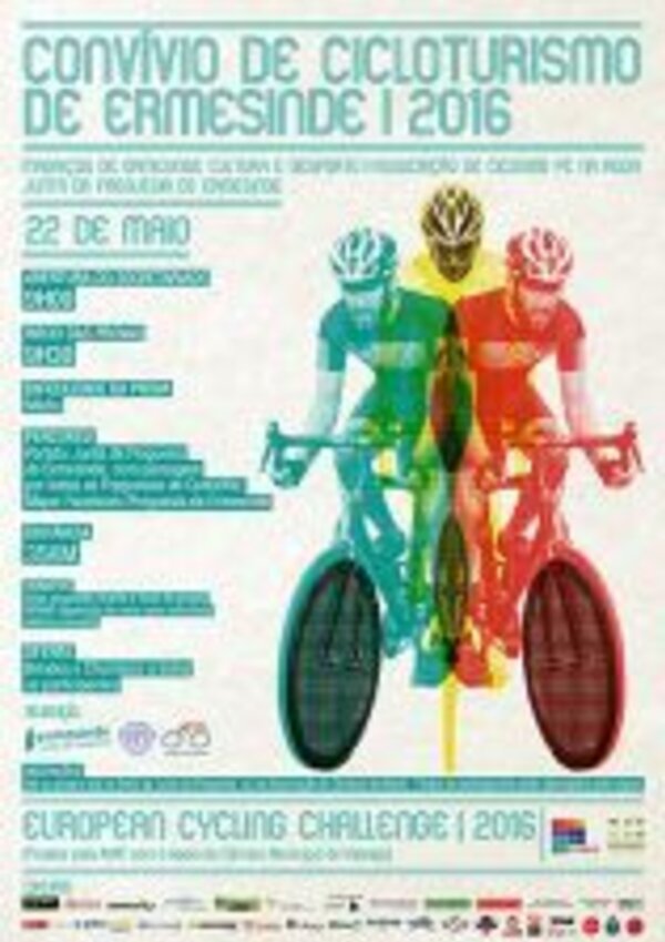 Cartaz do Convívio de Cicloturismo de Ermesinde 2016 com ciclistas coloridos.