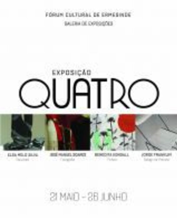 Cartaz da exposição 'Quatro' com nomes de artistas e datas.