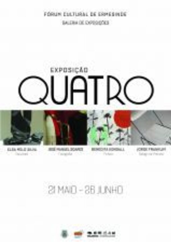 Cartaz da exposição 'Quatro' com nomes de artistas e datas.