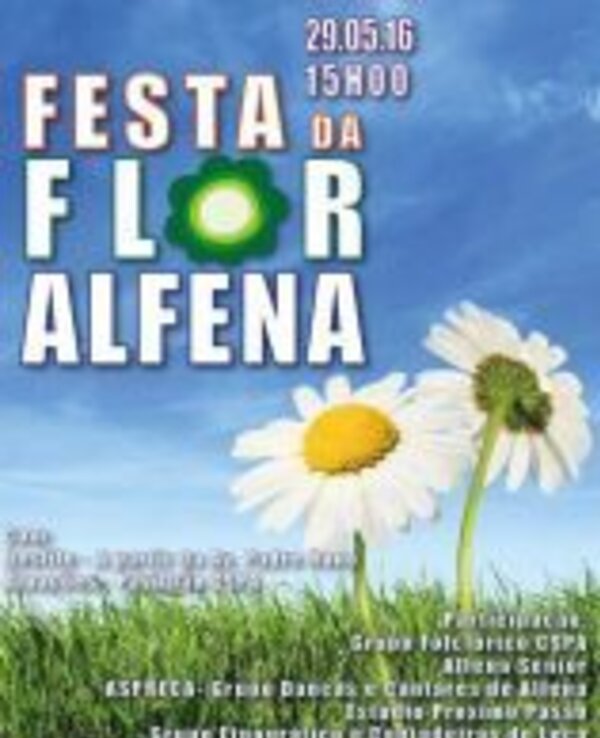 Cartaz da Festa da Flor de Alfen, com flores e informações do evento.