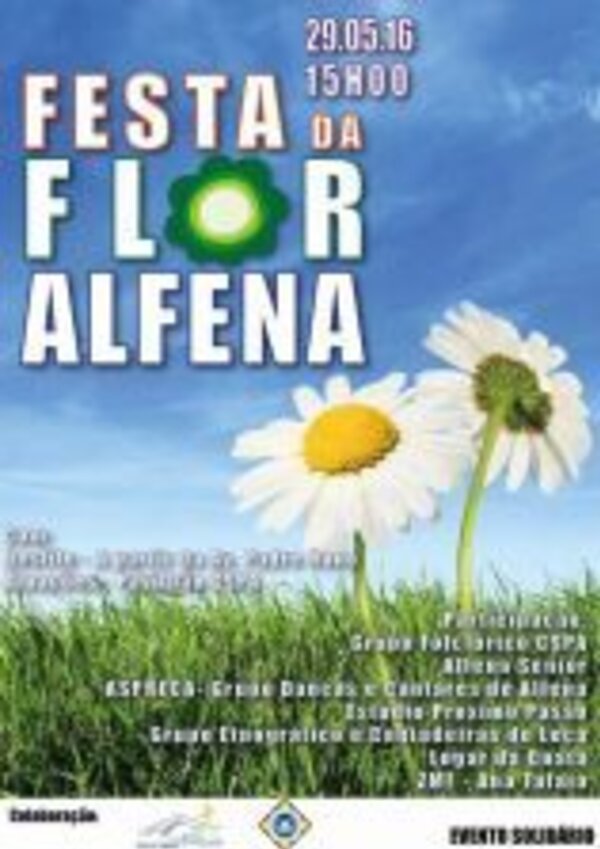 Cartaz da Festa da Flor de Alfen, com flores e informações do evento.