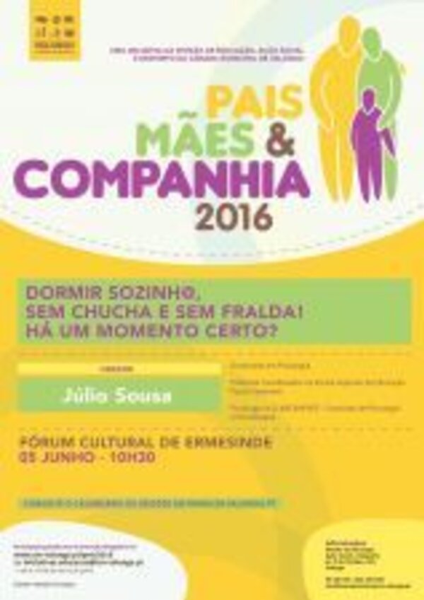 Cartaz do evento 'Pais, Mães & Companhia 2016' sobre cuidados infantis.