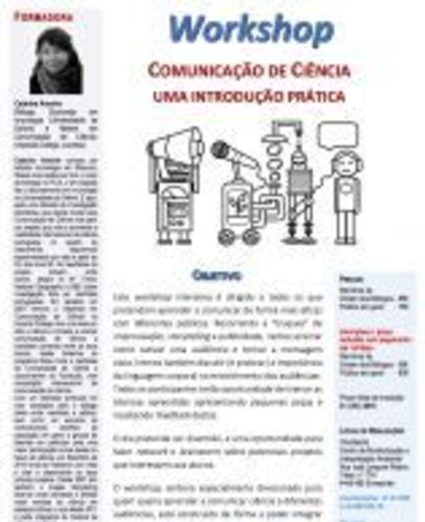 Cartaz de workshop sobre comunicação de ciência com ilustrações e texto informativo.