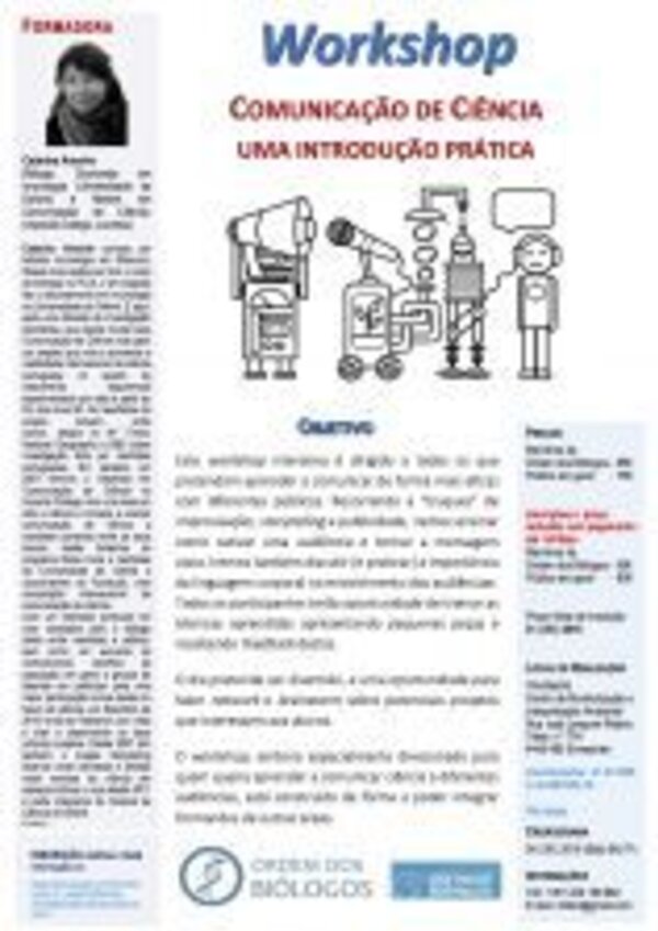 Cartaz de workshop sobre comunicação de ciência com ilustrações e texto informativo.