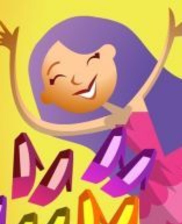 Uma mulher sorridente com cabelo roxo rodeada de sapatos coloridos.