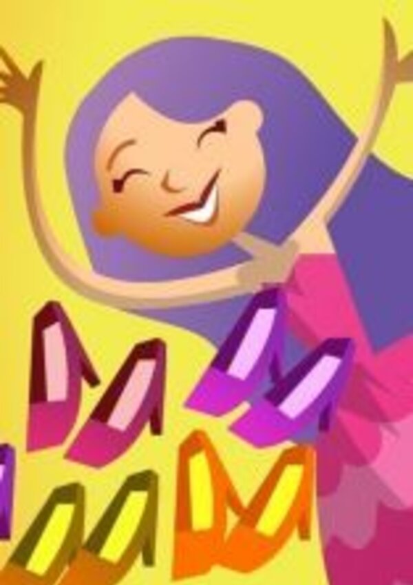 Uma mulher sorridente com cabelo roxo rodeada de sapatos coloridos.