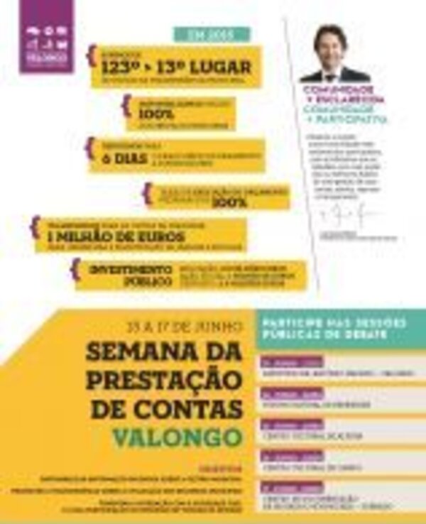 Cartaz da Semana da Prestação de Contas em Valongo, com várias informações.