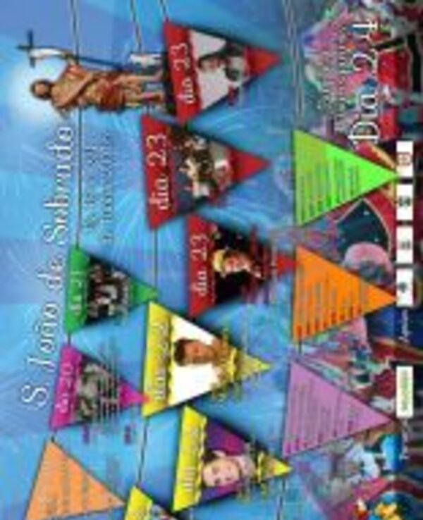 Cartaz colorido com programação de eventos religiosos de São João.