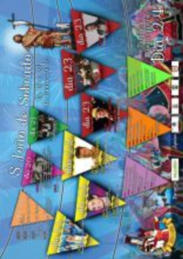 Cartaz colorido com programação de eventos religiosos de São João.