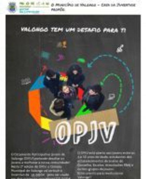 Grupo de jovens em círculo, com cores vibrantes e o texto 'OPJV' ao centro.