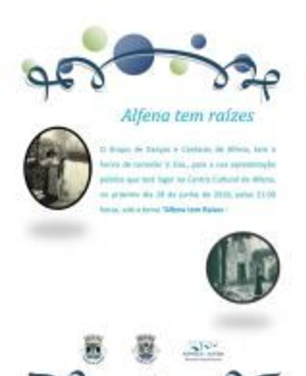 Cartaz do evento 'Alfena tem raízes' com imagens históricas e informações.