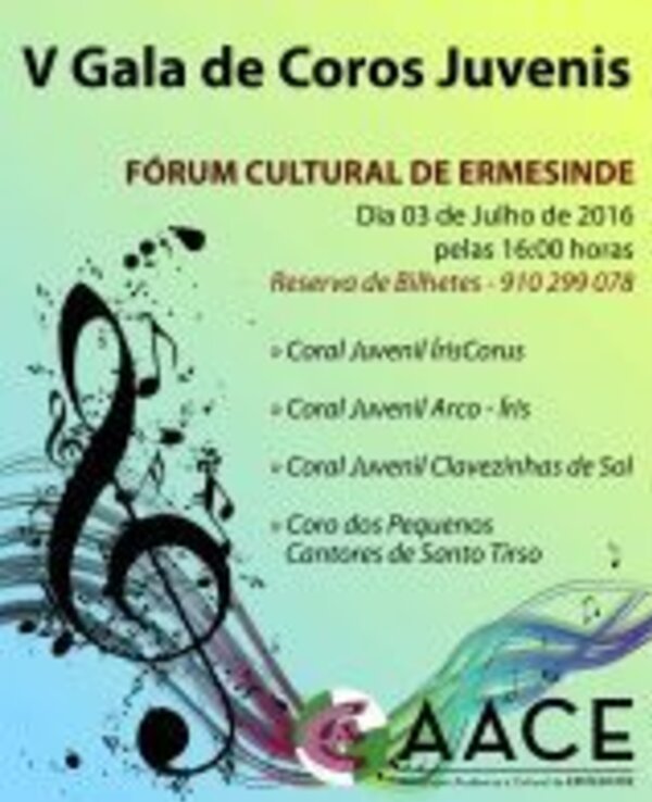 Cartaz da V Gala de Coros Juvenis, com detalhes do evento e corais participantes.