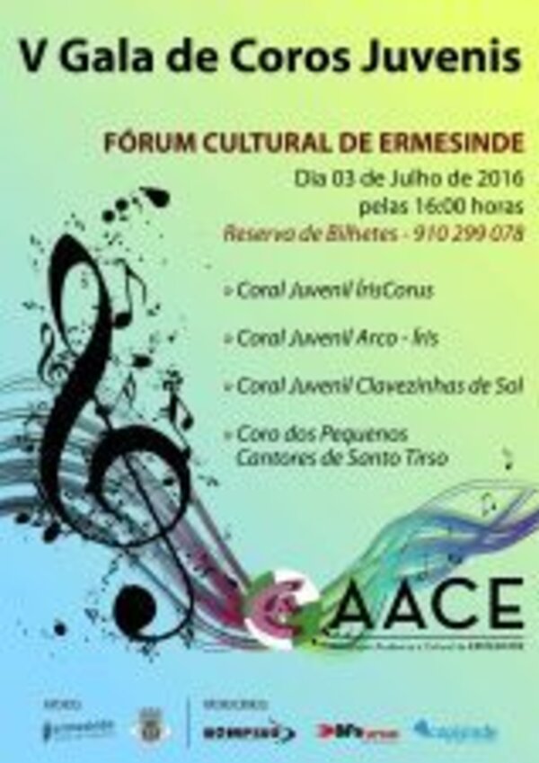 Cartaz da V Gala de Coros Juvenis, com detalhes do evento e corais participantes.