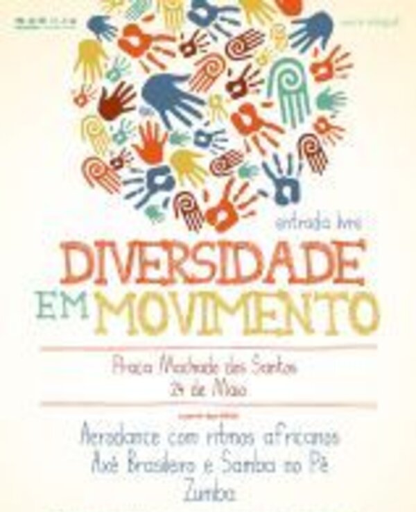 Cartaz colorido sobre o evento 'Diversidade em Movimento' com mãos e ritmos.