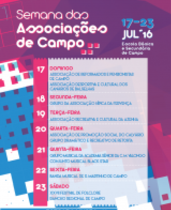 Cartaz da Semana das Associações de Campo, com datas e eventos programados.