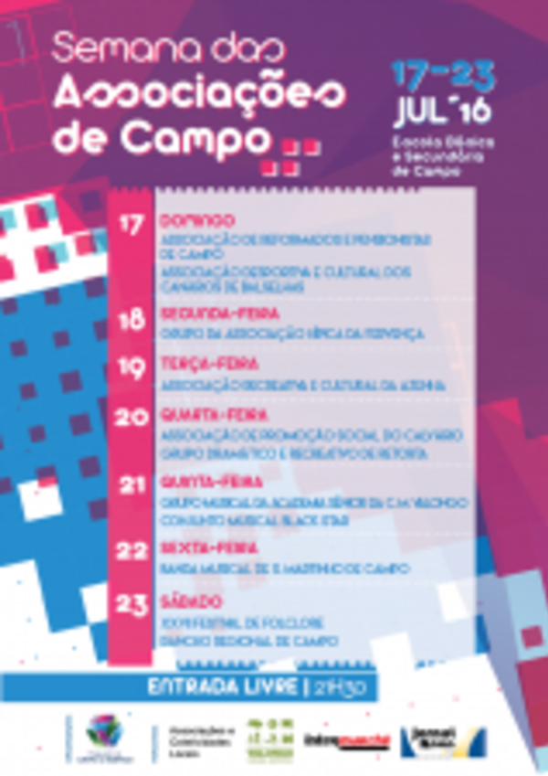 Cartaz da Semana das Associações de Campo, com datas e eventos programados.