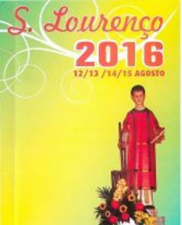 Cartaz de S. Lourenço 2016 com imagem de santo e flores coloridas.