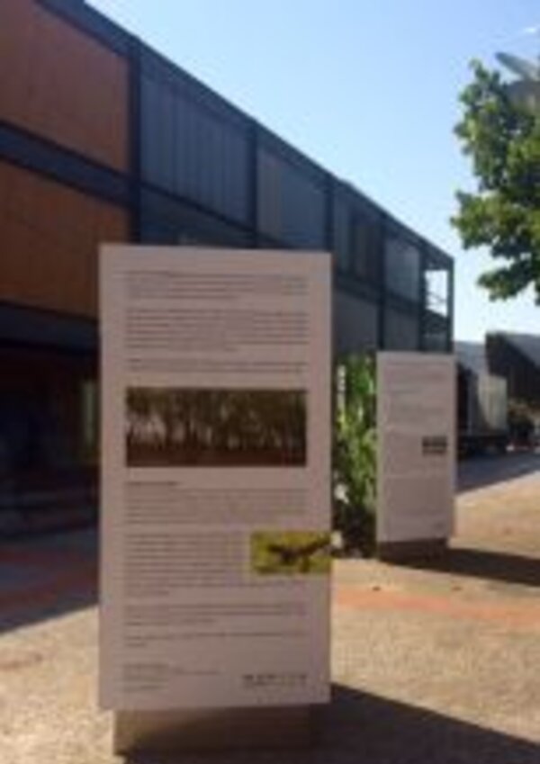 Painéis informativos em um espaço exterior, com texto e imagens.