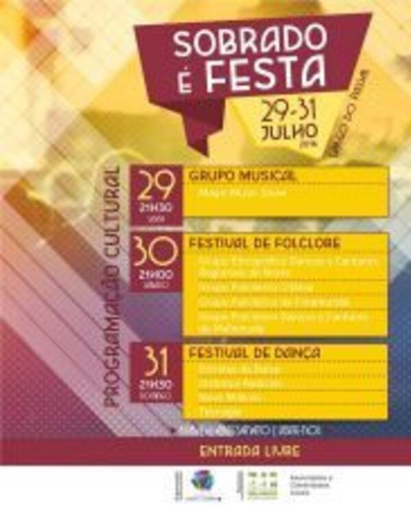 Cartaz do evento 'Sobrado é Festa' com programação de 29 a 31 de julho.