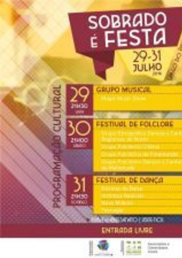 Cartaz do evento 'Sobrado é Festa' com programação de 29 a 31 de julho.