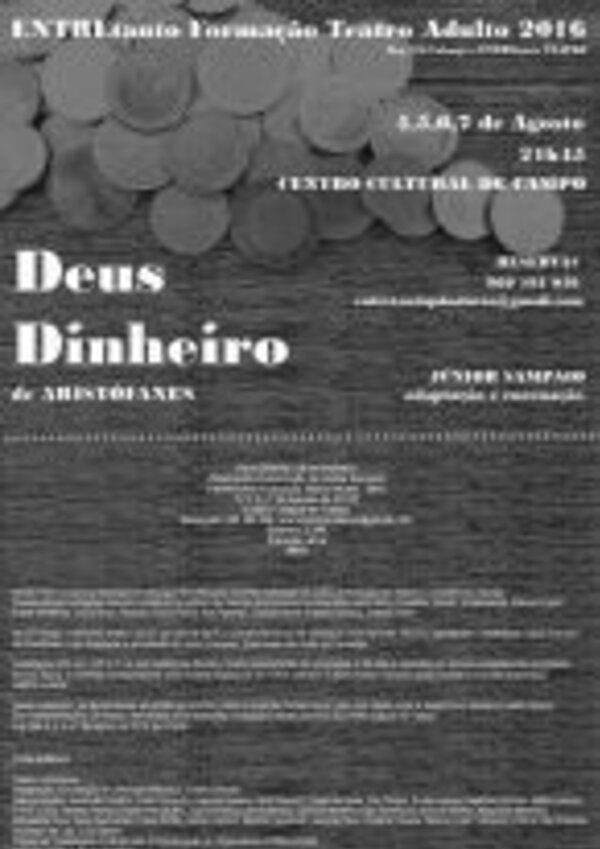 Cartaz do espetáculo 'Deus Dinheiro' com informações sobre a apresentação.