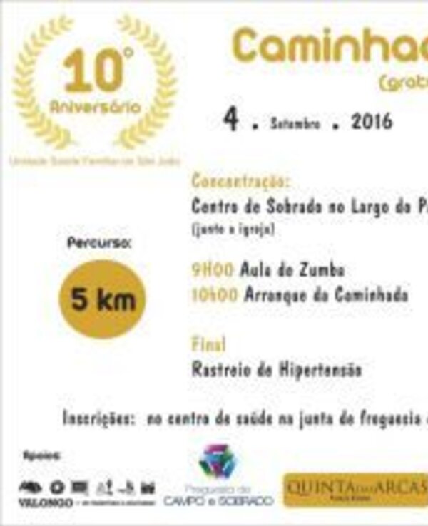 Cartaz da Caminhada gratuita de 10º Aniversário, com detalhes do evento.