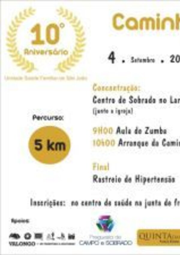 Cartaz da Caminhada gratuita de 10º Aniversário, com detalhes do evento.