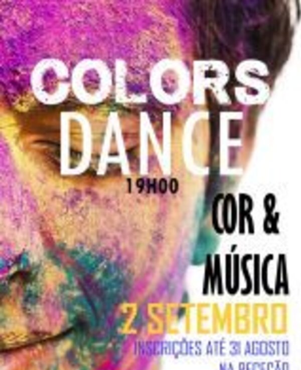 Cartaz do evento 'Colors Dance' com cores vibrantes e informações sobre o evento.