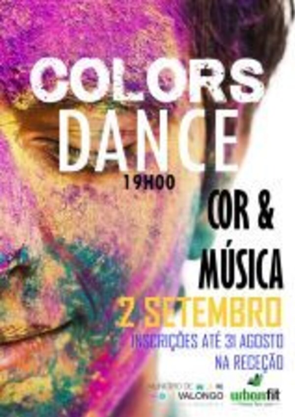 Cartaz do evento 'Colors Dance' com cores vibrantes e informações sobre o evento.