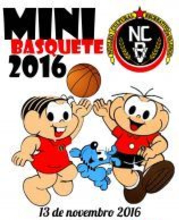 Cartaz do Mini Basquete 2016 com personagens animados a jogar.