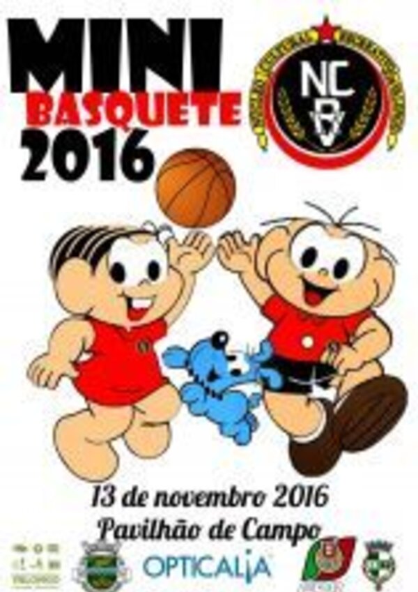 Cartaz do Mini Basquete 2016 com personagens animados a jogar.