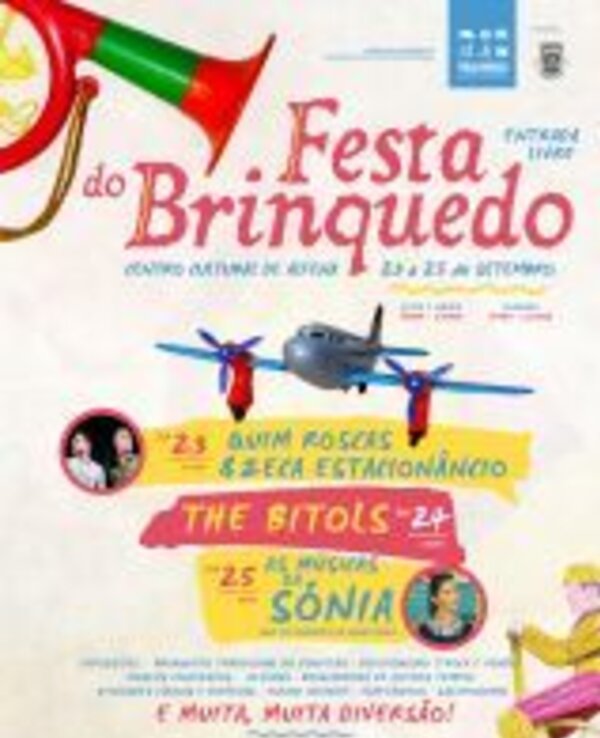 Cartaz da Festa do Brinquedo com datas, artistas e atividades programadas.
