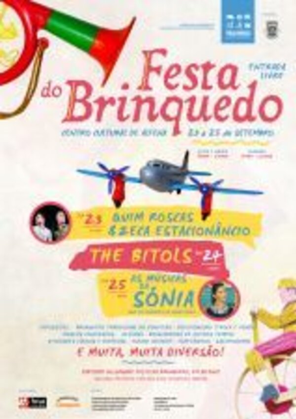 Cartaz da Festa do Brinquedo com datas, artistas e atividades programadas.