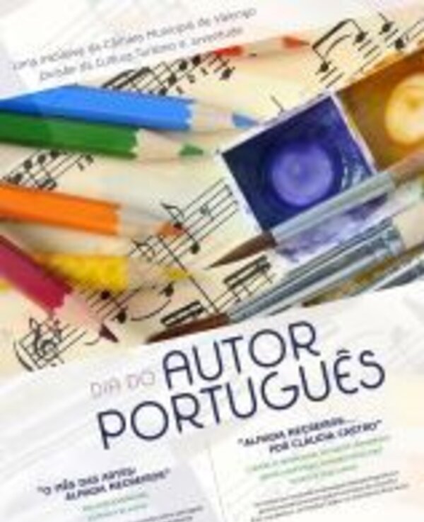 Cartaz do Dia do Autor Português com notas musicais e materiais de arte.